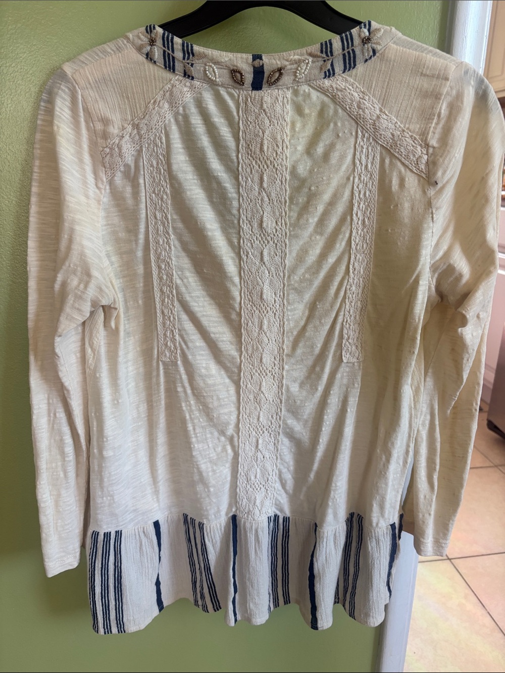 Anthropologie Embroidered Cream V-Neck Tunic with Navy Trim - XS - Picture 8 of 9